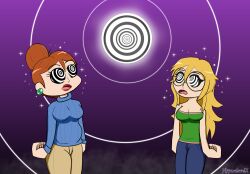 blonde_hair breasts cat_nap_(hypnolordx) chubby cleavage clothed dazed earrings female_only femsub glasses glowing hypnolordx hypnotic_object hypnotic_orb long_hair milf multiple_girls multiple_subs open_mouth original red_hair ring_eyes signature simple_background single_hair_bun sparkle svetta_(svettak92) symbol_in_eyes