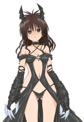 alternate_costume breasts brown_hair cosplay empty_eyes expressionless female_only femsub golden_darkness horns long_hair looking_at_viewer mikan_yuuki open_mouth small_breasts to_love_ru to_love_ru_darkness