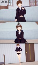  3d absurdres androgynous bare_legs bed bedroom blue_eyes brown_hair bulge clothed empty_eyes femboy fishnets hand_on_hip happy_trance heavy_eyelids hoodie koikatsu! legs liz_b navel non-binary_sub open_mouth original panties pendulum short_hair skirt smile spiral standing 