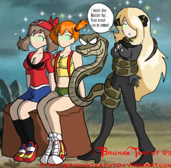  aged_up blonde_hair breasts brokenteapot brown_hair coils cynthia dialogue disney female_only femsub hair_covering_one_eye hypnotic_eyes hypnotized_walking kaa kaa_eyes large_breasts long_hair may misty nintendo pokemon pokemon_(anime) pokemon_diamond_pearl_and_platinum pokemon_ruby_sapphire_and_emerald red_hair short_hair snake suspenders text the_jungle_book 