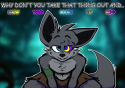 animated animated_eyes_only blue_eyes clothed davidthewolfx10 davilling_(davidthewolfx10) furry grey_skin hypnotic_eyes looking_at_viewer male_only maledom original pov_sub ring_eyes seductive_smile text video wolf_boy