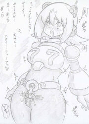 antenna banshou blush breasts capcom corruption crotch_tattoo drool female_only femsub greyscale large_breasts long_hair megaman_(series) megaman_x_(series) nana_(megaman_x) open_mouth robot_girl solo sweat tattoo tech_control text traditional translation_request