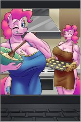 apron breasts cleavage clock-face clone comic furry horse_girl huge_breasts memetic_control muscle_girl my_little_pony naked_apron original pink_hair pinkie_pie short_hair tongue tongue_out