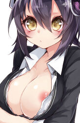blush breasts cleavage expressionless femsub holding_breasts kantai_collection large_breasts manip nipples open_clothes purple_hair short_hair spiral_eyes symbol_in_eyes tenryuu_(kantai_collection) tiechonortheal_(manipper) yellow_eyes