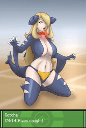  blonde_hair boots collar cynthia fake_tail femsub garchomp hair_covering_one_eye hypnolion hypnotic_accessory kneeling long_hair nintendo open_clothes open_mouth pet_play pokeball pokemon pokemon_diamond_pearl_and_platinum red_eyes tech_control text thigh_boots 