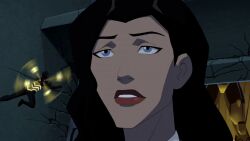 black_hair blue_eyes dc_comics expressionless female_only femsub long_hair magician screenshot standing standing_at_attention super_hero young_justice zatanna_zatara