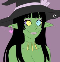  animated animated_gif black_hair blush bottomless cleavage earrings ego_(toxxie) elf_ears femsub green_skin happy_trance hat jewelry kaa_eyes long_hair necklace nude original plsgts smile solo topless witch witch_hat 