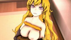  3d amateurthrowaway animated animated_gif blonde_hair bottomless breasts cleavage dazed drool femsub happy_trance hypnotic_penis large_breasts long_hair maledom nude open_mouth original penis prosthetic_limb purple_eyes resisting rwby smile source_filmmaker spiral_eyes symbol_in_eyes tongue topless yang_xiao_long 
