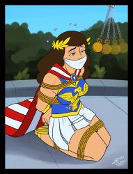  armor arms_behind_back blue_eyes bondage brown_hair cape columbia_(maggotmike) femsub gag heavy_eyelids kneeling long_hair original pendulum pocket_watch sandals signature sleepy spiderweber super_hero 