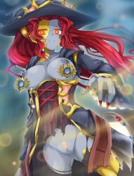  aura bottomless breasts cleavage corruption enemy_conversion eye_color_change femsub gishki_emillia glowing_eyes gold grey_skin hat huaquero_of_the_golden_land jewelry long_hair looking_at_viewer nail_polish nipple_clamps nipples orange_eyes red_hair torn_clothes tunberuku yu-gi-oh! 