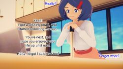 apron ash_ketchum aware blue_eyes blue_hair clothed dialogue english_text johanna milf mustardsauce pokemon pokemon_(anime) text 