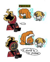    androgynous betrayal black_eyes chibi clothed coat comic corruption dante_(limbus_company) dialogue english_text faelantern_(limbus_company) fairy_festival femsub gameplay_mechanics ishmael_(limbus_company) limbus_company lobotomy_corporation malesub non-binary non-binary_dom ohzv open_mouth orange_hair possession short_hair simple_background sinclair_(limbus_company) speech_bubble symbol text very_long_hair white_background wings 