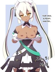  blonde_hair breasts breasts_on_tray breasts_outside dark_skin dazed drool empty_eyes etlabsotwe female_only femsub gloves hypnovember large_breasts long_hair maid maid_headdress marianne_(world_flipper) solo text tray twintails world_flipper 