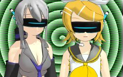 3d blonde_hair breasts cleavage expressionless female_only femsub haku_yowane hypnotic_accessory large_breasts multiple_girls multiple_subs open_mouth rin_kagamine short_hair silver silver_hair small_breasts tech_control tie visor vocaloid