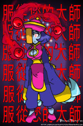  blue_hair breasts brokenteapot capcom darkstalkers dialogue empty_eyes expressionless femsub hsien-ko hypnotic_accessory jiangshi large_breasts magic possession short_hair spiral_eyes standing standing_at_attention symbol_in_eyes talisman text translated undead_girl 