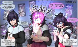 absurdres addictive ahoge altered_common_sense black_hair blue_eyes border breasts cleavage clothed drool english_text eyebrows_visible_through_hair femsub gameplay_mechanics glowing gradient_background hair_growth hypnotic_light hypnotic_screen jacket laughing long_hair malesub open_mouth original panties phone shirt short_hair signature smile speech_bubble surprised taboogem tech_control text tongue transformation transgender underwear