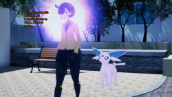 3d aware black_hair clothed dark_skin emma_(pokemon) english_text espeon femsub glowing nintendo outdoors pokemon pokemon_(creature) pokemon_gold_silver_and_crystal pokemon_legends_z-a pokemon_x_and_y resisting short_hair sonrio12 text trees