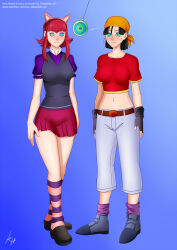 aged_up annie_(league_of_legends) bare_legs black_hair breasts dragon_ball dragon_ball_gt female_only femsub happy_trance kaa_eyes league_of_legends legs midriff miniskirt oo_sebastian_oo pan_(dragon_ball) pendulum red_hair short_hair short_skirt socks standing standing_at_attention
