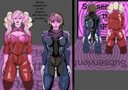  ann_takamaki blonde_hair brown_hair femsub hypnotic_screen kneeling makoto_niijima persona_(series) persona_5 sex_toy spiral tagme text tokyoplayer 