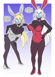 ahoge black_skin blonde_hair bow bow_tie breasts bunny_ears bunny_girl bunnysuit cleavage crossover cuffs dialogue efalabrino enemy_conversion fake_animal_ears fate/grand_order fate_(series) female_only femsub fishnets hand_on_hip happy_trance high_heels jeanne_alter jeanne_d&#039;arc_(fate) leaning_forward long_hair mask multiple_girls multiple_subs persona_(series) persona_5 ponytail shadow_(persona) shadow_bunny standing text very_long_hair white_hair