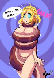  absurdres ahoge asphyxiation aware blonde_hair braid breasts coils crossover crotch_rub dialogue disney elf_ears english_text eyebrows_visible_through_hair femsub gulp heterosexual kaa kaa_eyes maledom nintendo nude open_mouth princess princess_zelda psyfly restrained royalty signature snake speech_bubble spiral_background tears_of_the_kingdom text the_jungle_book the_legend_of_zelda tongue tongue_out trembling 