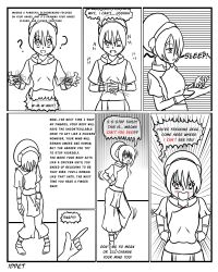 angry avatar_the_last_airbender aware barefoot chicken_pose clothed comic dialogue feet femsub idpet lineart monochrome nickelodeon pet_play resisting stage_hypnosis text toph unhappy_trance western