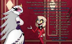 arms_behind_back blonde_hair blue_eyes breasts charlie_(hazbin_hotel) chieri_(chieribounce) chieribounce clothed dialogue english_text eye_color_change female_only femdom femsub hazbin_hotel helluva_boss open_mouth original pink_sclera possession red_eyes standing stella_(helluva_boss) suit text very_long_hair yellow_sclera