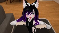  3d animal_ears breasts collar female_only femsub hextechvr latex pasties purple_hair spiral_eyes thong tongue tongue_out vrchat 