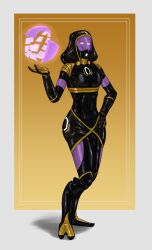 absurdres alien alien_girl blush bodysuit boots breasts corruption female_only femsub glowing glowing_eyes large_breasts latex mass_effect purple_skin quarian rotem_dishon simple_background small_breasts solo tali&#039;zorah_nar_rayya tech_control thigh_boots western