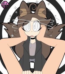  ahoge animal_ears bare_legs barefoot brown_hair choker clothed dazed deejay_(zombi62) drool eyebrows_visible_through_hair feet female_only femdom femsub hair_covering_one_eye happy_trance jacket kaede_(skecchyartist) kneeling long_hair open_mouth original shirt spiral_background spiralwash_eyes spread_legs stepped_on tail text tongue tongue_out zombi62 