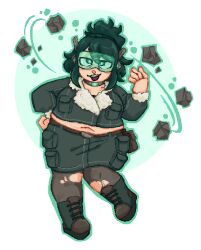  antenna boots choker chubby crossed_eyes fat glowing green_eyes green_hair inko_midoriya jacket leggings long_hair midriff my_hero_academia open_mouth pixel-chan-doodles ponytail simple_background skirt smile spiral tagme tech_control torn_clothes visor 
