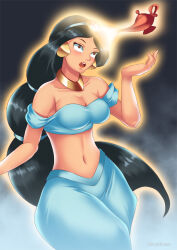 aladdin_(series) black_hair breasts cleavage disney earrings empty_eyes female_only glowing gradient_background hadant harem_outfit jewelry large_breasts long_hair magic midriff navel princess princess_jasmine shrunken_irises signature simple_background solo watermark