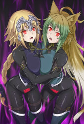  animal_ears atalanta_(fate) blonde_hair braid breast_press chains collar corruption fate/apocrypha fate/grand_order fate_(series) femsub hypnotic_tattoo jeanne_d&#039;arc_(fate) lion_girl multicolored_hair multiple_girls multiple_subs open_mouth red_eyes ribimura symmetrical_docking very_long_hair 