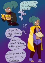  blue_hair book breasts cape cleavage comic cult dialogue drool earrings eyebrows_visible_through_hair eyelashes feet female_only femsub gradient_background happy_trance jacket large_breasts midriff mole nail_polish navel open_mouth original ponytail short_hair signature smile sobergin solo spiral spiral_eyes standing tan_skin tattoo text 