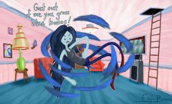    absurdres adventure_time aura aware black_eyes blue_skin boots breasts clothed dialogue eagle_bacon english_text female_only femdom femsub imp levitation long_hair marceline original resisting text trixie_(ovidius-naso) vampire very_long_hair 