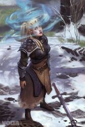 blonde_hair breasts complex_background expressionless glowing glowing_eyes large_breasts magic shield standing standing_at_attention sword the_elder_scrolls_legends volta watermark weapon whitewash_eyes