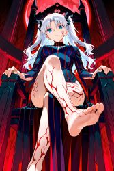 ai_art angra_mainyu barefoot blue_eyes body_markings breasts chair chenwenjia_(generator) clothed corruption cosplay crossed_legs dark_sakura expressionless facial_markings fate/stay_night fate/stay_night_heaven's_feel fate_(series) feet femsub foot_focus hair_color_change long_hair looking_at_viewer possession rin_tohsaka sitting white_hair