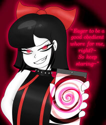  bow cedric_fable_(queenneptunia) evil_smile femboy goth looking_at_viewer maledom onorgasmic original phone pov_sub red_eyes spiral tagme tech_control text 