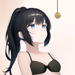  ai_art black_hair blue_eyes bra breasts cleavage empty_eyes expressionless female_only femsub long_hair open_mouth original pendulum ponytail simple_background solo stable_diffusion_(ai) underwear 