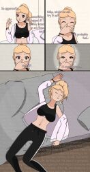  absurdres andrea_(esbypno) blonde_hair breasts brown_eyes bubble closed_eyes clothed comic drool esbypno eye_roll femsub limp lying navel open_mouth original ponytail self_hypnosis sleeping solo surprised text trigger 