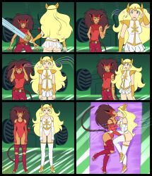 absurdres adora blonde_hair breasts brown_hair cameltoe cat_girl catra circlet comic drool empty_eyes female_only femsub gloves happy_trance hypnotic_audio hypnotic_music katsiika kissing latex leotard long_hair open_mouth opera_gloves she-ra she-ra_and_the_princesses_of_power sub_on_sub tail yuri