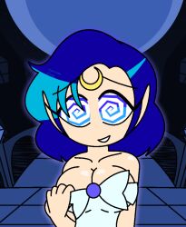 androgynous_sub bare_shoulders blue_background blue_eyes blue_hair bow collarbone dress eyebrows_visible_through_hair eyelashes facial_markings femdom hypnoscream hypnotic_eyes large_breasts pov_sub sailor_mercury sailor_moon_(series) shiny_hair shiny_skin short_hair smile spiralwash_eyes undressing