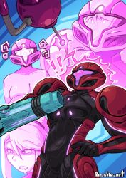  antenna armor bare_shoulders bodysuit breasts brushie_art clothed collarbone drool eyebrows_visible_through_hair female_only femsub glowing_eyes helmet hypnotic_beam long_hair metroid_(series) mole multiple_views nintendo power_armor samus_aran shoulder_pads solo spiral surprised tech_control visor weapon 