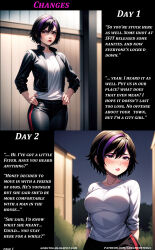  absurdres ai_art angry before_and_after big_hero_6 black_hair blush caption collarbone comic dialogue gogo_tomago gregory_michelson_(generator) hand_on_hip jacket large_breasts night outdoors pants sequence shirt short_hair text transformation 