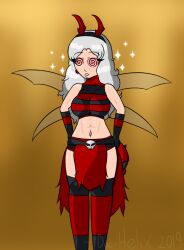 bee_girl bee_suit breasts bug_girl doc-helix femsub headband large_breasts long_hair midriff original romi_(toni_technaclaw) silver_hair sparkle spiral_eyes symbol_in_eyes white_hair wings
