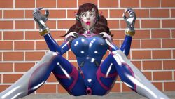 3d blow-up_doll bodysuit breasts brown_hair d.va dollification erect_nipples gloves large_breasts latex long_hair open_mouth overwatch shiny_skin transformation