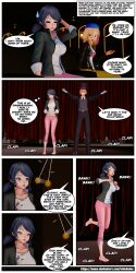  3d blonde_hair blue_hair chicken_pose comic dialogue femsub latinkaixa maledom marinette_dupain-cheng miraculous_ladybug pendulum spiral_eyes spiralwash_eyes text traditional_hypnosis zoe_lee 
