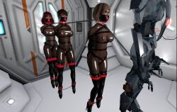 3d arms_behind_back barcode black_hair blonde_hair blue_eyes bodysuit bondage boots chair chastity collar female_only femsub gag harness large_breasts latex logiire multiple_girls multiple_subs navel nipples original red_hair restrained robot rubber second_life see-through short_hair standing thigh_boots thighhighs trapped yellow_eyes