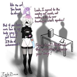  absurdres assertive_sub aware book boots breasts consensual cosplay costume dialogue eagle_bacon english_text femsub long_hair nier_automata original phone possession simple_background speech_bubble spiral_eyes square_enix standing sweat table text thighhighs thighs white_background white_hair yorha_no._2_type_b 