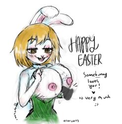  animal_ears blonde_hair blush breasts brown_eyes buck_teeth bunny_ears bunny_girl carrot_(one_piece) cleavage collarbone dialogue easter femsub furry heart heavy_eyelids huge_breasts nipples one_piece open_mouth paizuri penis phantom_penis short_hair signature sillyspiral simple_background smile spiral_eyes symbol_in_eyes text topless white_background 